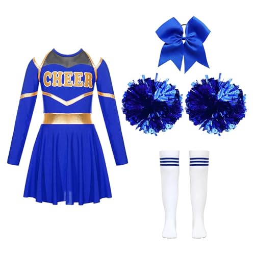 LSNNMU Kinder Mädchen Cheerleading Uniform Kleid mit Blumenbällen Sets Jubeln Team Dance Outfits Cheerleader Kostüme Dancewear(A Blue,12) von LSNNMU