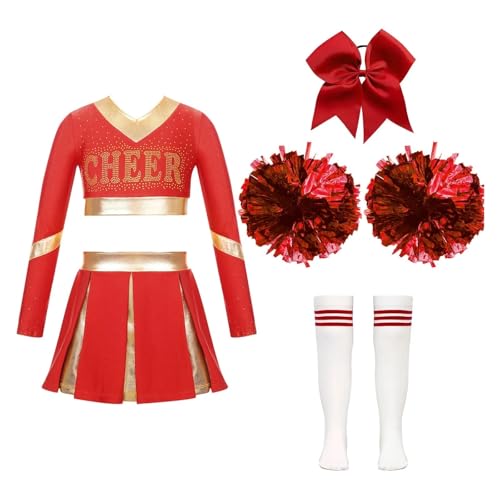 LSNNMU Kinder Mädchen Cheerleading Uniform Kleid mit Blumenbällen Sets Jubeln Team Dance Outfits Cheerleader Kostüme Dancewear(A Red A,14) von LSNNMU