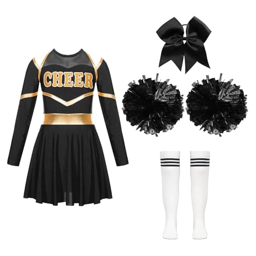 LSNNMU Kinder Mädchen Cheerleading Uniform Kleid mit Blumenbällen Sets Jubeln Team Dance Outfits Cheerleader Kostüme Dancewear(A White Black,6) von LSNNMU