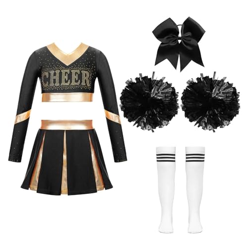 LSNNMU Kinder Mädchen Cheerleading Uniform Kleid mit Blumenbällen Sets Jubeln Team Dance Outfits Cheerleader Kostüme Dancewear(A White Black A,8) von LSNNMU