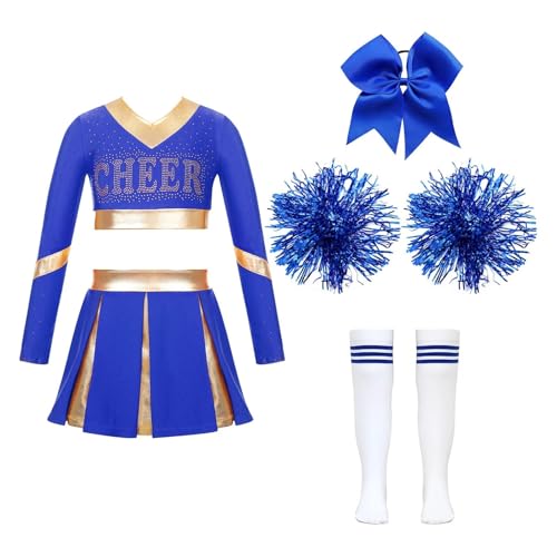 LSNNMU Kinder Mädchen Cheerleading Uniform Kleid mit Blumenbällen Sets Jubeln Team Dance Outfits Cheerleader Kostüme Dancewear(B Blue A,8) von LSNNMU