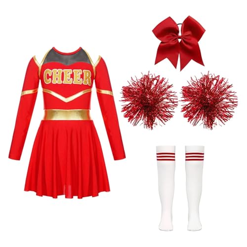 LSNNMU Kinder Mädchen Cheerleading Uniform Kleid mit Blumenbällen Sets Jubeln Team Dance Outfits Cheerleader Kostüme Dancewear(B Red,8) von LSNNMU