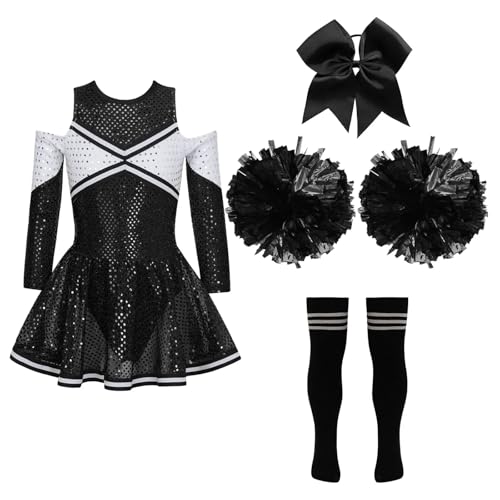 LSNNMU Kinder Mädchen Tanzoutfits mit glänzenden Pailletten, langärmelig, schulterfrei, kontrastfarbenes Kleid Kopfbedeckung, Handblumen, gestreiften Socken(A Black White,14) von LSNNMU