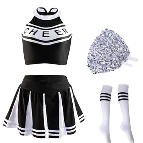 LSNNMU Klassisches High School Cheerleader-Kostüm for Schüler, Sportuniform, sportlich, Karnevalsparty, Kostüm(Black Set,XL) von LSNNMU