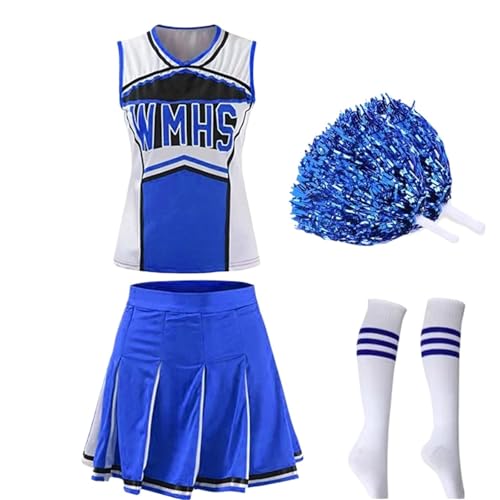 LSNNMU Klassisches High School Cheerleader-Kostüm for Schüler, Sportuniform, sportlich, Karnevalsparty, Kostüm(Blue 02 Set,M) von LSNNMU