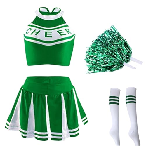 LSNNMU Klassisches High School Cheerleader-Kostüm for Schüler, Sportuniform, sportlich, Karnevalsparty, Kostüm(Green Set,S) von LSNNMU