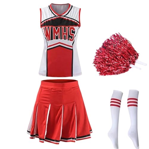 LSNNMU Klassisches High School Cheerleader-Kostüm for Schüler, Sportuniform, sportlich, Karnevalsparty, Kostüm(Red 02 Set,M) von LSNNMU