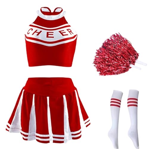 LSNNMU Klassisches High School Cheerleader-Kostüm for Schüler, Sportuniform, sportlich, Karnevalsparty, Kostüm(Red Set,M) von LSNNMU