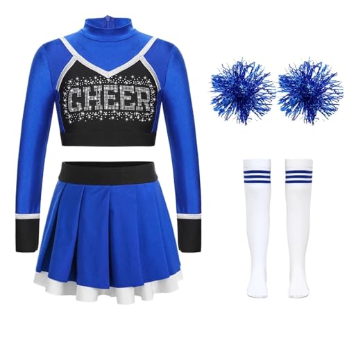 LSNNMU Mädchen Cheerleading-Uniform Cheerleading-Tanz-Outfit Crop Top Faltenrock Blumenbälle Socken for Cheerleading-Team-Tanzbekleidungssets(A Blue,14) von LSNNMU