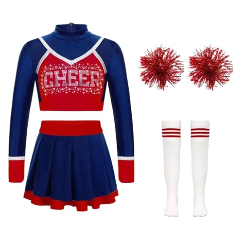 LSNNMU Mädchen Cheerleading-Uniform Cheerleading-Tanz-Outfit Crop Top Faltenrock Blumenbälle Socken for Cheerleading-Team-Tanzbekleidungssets(A Deep Blue,10) von LSNNMU