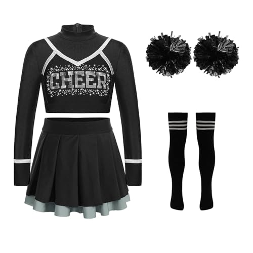 LSNNMU Mädchen Cheerleading-Uniform Cheerleading-Tanz-Outfit Crop Top Faltenrock Blumenbälle Socken for Cheerleading-Team-Tanzbekleidungssets(B Black,14) von LSNNMU