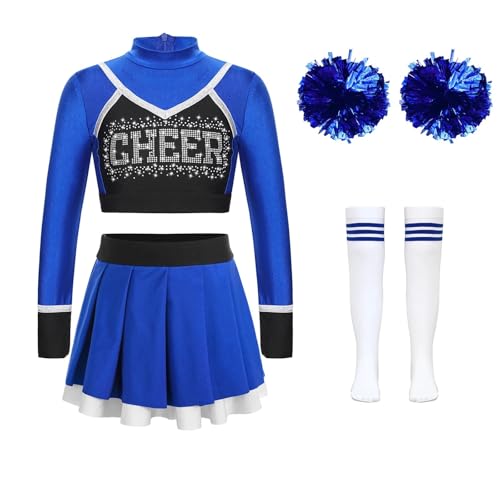 LSNNMU Mädchen Cheerleading-Uniform Cheerleading-Tanz-Outfit Crop Top Faltenrock Blumenbälle Socken for Cheerleading-Team-Tanzbekleidungssets(B Blue,6) von LSNNMU