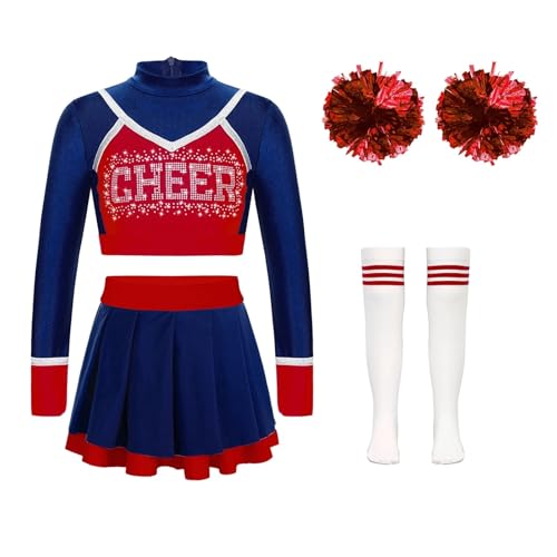LSNNMU Mädchen Cheerleading-Uniform Cheerleading-Tanz-Outfit Crop Top Faltenrock Blumenbälle Socken for Cheerleading-Team-Tanzbekleidungssets(B Deep Blue,14) von LSNNMU