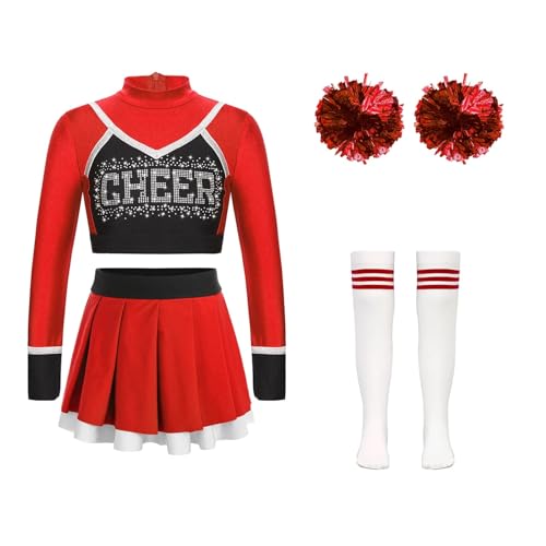 LSNNMU Mädchen Cheerleading-Uniform Cheerleading-Tanz-Outfit Crop Top Faltenrock Blumenbälle Socken for Cheerleading-Team-Tanzbekleidungssets(B Red,14) von LSNNMU