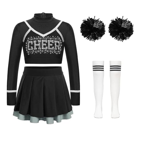 LSNNMU Mädchen Cheerleading-Uniform Cheerleading-Tanz-Outfit Crop Top Faltenrock Blumenbälle Socken for Cheerleading-Team-Tanzbekleidungssets(B White Black,8) von LSNNMU