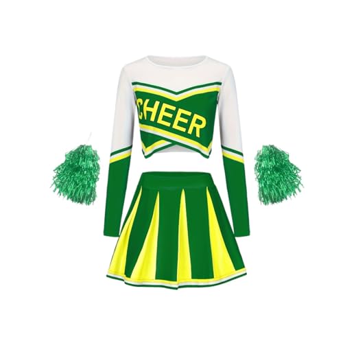 Mädchen Cheerleading Kinder Langarm Rock Set Niedliche Sport Pom-Poms Performance Party Kleidung(Green,130) von LSNNMU