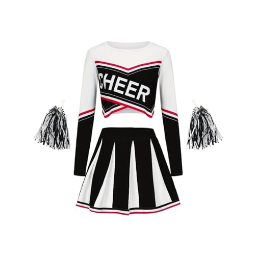 Mädchen Cheerleading Rot Langarm Rock Set Niedliche Sport Kinder Pom-Poms Performance Party Kleidung Zurück Zur Schulzeit(Black,160(13-14Y)) von LSNNMU