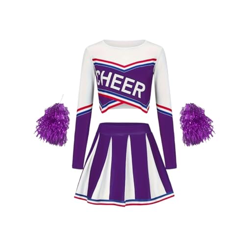 Mädchen Cheerleading Rot Langarm Rock Set Niedliche Sport Kinder Pom-Poms Performance Party Kleidung Zurück Zur Schulzeit(Purple,150(11-12Y)) von LSNNMU
