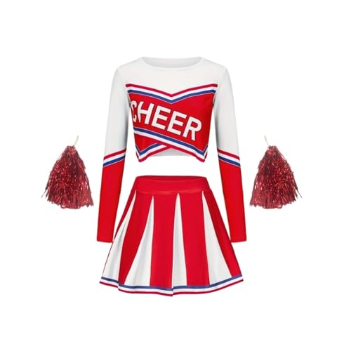 Mädchen Cheerleading Rot Langarm Rock Set Niedliche Sport Kinder Pom-Poms Performance Party Kleidung Zurück Zur Schulzeit(Red,160(13-14Y)) von LSNNMU