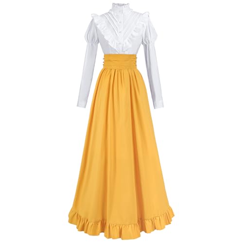 LSYYSKB Viktorianisches Kleid für Damen, Renaissance-Kostüm, mittelalterliches edwardianisches Outfit, Maxiröcke, Bluse, 2-teiliges Set, Gelb, M von LSYYSKB