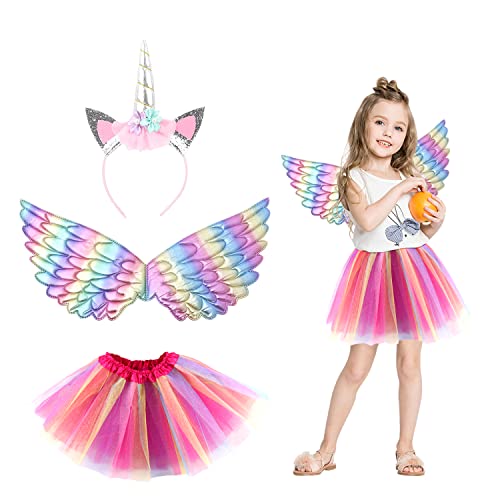 LSYYSL 3-teiliges Cartoon-Regenbogen-Set, Regenbogenkleid für Kinder, Farbverlauf, Prinzessinnenkleid, Engelsflügel-Set, Tutu-Rock, Cosplay-Kostümzubehör, Bühnenaufführung, Geburtstagsfeier. von LSYYSL