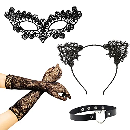 LSYYSL Set mit 5 Maskerade-Accessoires, Spitzen-Augenmaske, Spitzen-Katzenohren-Stirnband, Herz-Halsband, Spitzenhandschuhe, Karnevalsparty, Prom-Nachtclub-Maske, Halloween-Party. LSYYSL Set mit 5 Maskerade-Accessoires, Spitzen-Augenmaske, Spitzen-Katzenohren-Stirnband, Herz-Halsband, Spitzenhandschuhe, Karnevalsparty, Prom-Nachtclub-Maske, Halloween-Party. von LSYYSL
