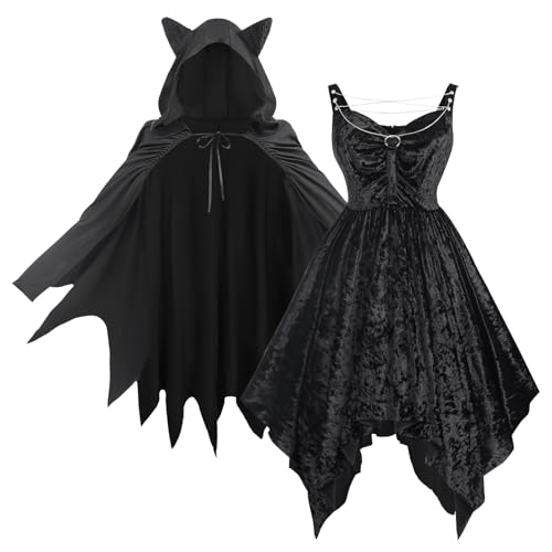 LTAKK Fledermaus-Kostüm für Damen, Fledermausflügel, Kapuzenumhang, Gothic, unregelmäßiger Rock, Halloween, Erwachsene, 2-teiliges Outfit, Schwarz, S LTAKK Fledermaus-Kostüm für Damen, Fledermausflügel, Kapuzenumhang, Gothic, unregelmäßiger Rock, Halloween, Erwachsene, 2-teiliges Outfit, Schwarz, S von LTAKK
