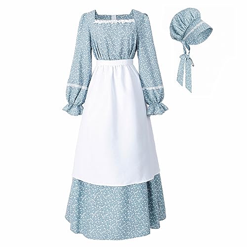 LTAKK Kolonialkleid Frauen Prärie Pionier Kleider Floral Pilger Kostüm Bürgerkrieg Kleid, Morandi Blau, XXL von LTAKK