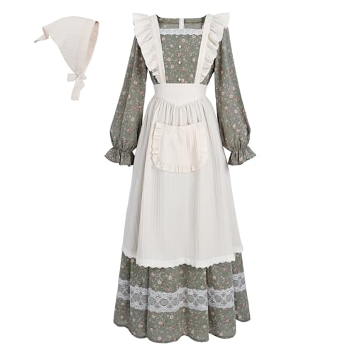 LTAKK Kolonialkleid für Damen, Prärie-Pionier-Kleid, Blumenmuster, Pilger-Kostüm, Bürgerkriegskleid, Olivgrün, X-Large von LTAKK