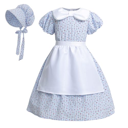 LTAKK Pioneer Dress Kolonial-Kostüm für Mädchen, Pilgerkleid mit Schürze und Kapuze, blau kariert, Größe S von LTAKK