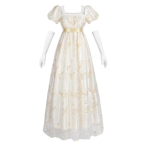 LTAKK Regency-Kleid für Damen, Regency-Kostüm, Empire-Taille, Teeparty, Stickerei, viktorianisches Kleid mit Schärpe und Handschuhen, Champagner, Größe XXL LTAKK Regency-Kleid für Damen, Regency-Kostüm, Empire-Taille, Teeparty, Stickerei, viktorianisches Kleid mit Schärpe und Handschuhen, Champagner, Größe XXL von LTAKK