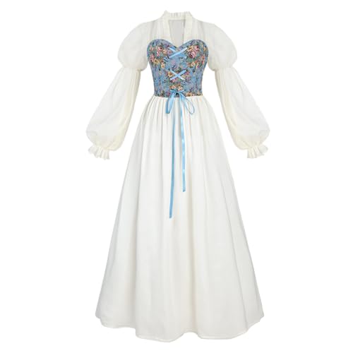 LTAKK Renaissance Kleid Damen Viktorianisches Kostüm Ren Fair Mittelalter Kleider mit blauem Blumenmuster Korsett XXL von LTAKK
