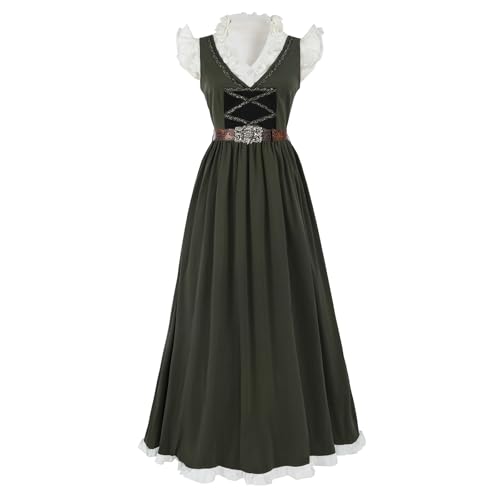 LTAKK Renaissance-Kleid für Damen, Mittelalter-Kostüm, Vintage, ärmellos, V-Ausschnitt, Kleider mit Gürtel, Grün , Medium von LTAKK