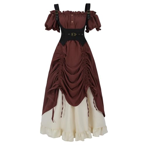 LTAKK Renaissance-Kleid für Damen, mittelalterliches Kostüm, schulterfrei, Piraten-Kostüm, Steampunk, Ren-Faire-Kleid mit Korsett, 3-teilig, Weinrot, Größe M von LTAKK