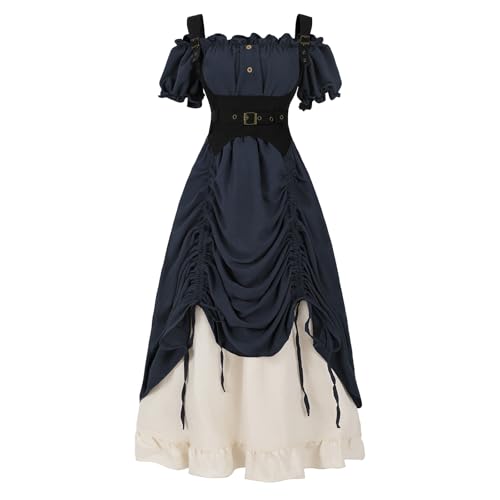 LTAKK Renaissance-Kleid für Damen, mittelalterliches Kostüm, schulterfrei, Piraten-Kostüm, Steampunk, Ren-Faire-Kleid mit Korsett, Marineblau, Größe S von LTAKK