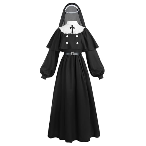 LTAKK The Nonne Kostüm Gruselige Nonne Outfit Priester Halloween Frauen Kleid mit Umhang, Wimple und Gürtel, Schwarz, M von LTAKK