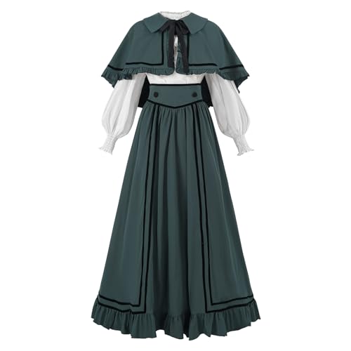 LTAKK Viktorianisches Kleid für Damen, edwardianisches Kostüm, Renaissance, Mittelalter, Vintage, 1800er Jahre, Kleider mit kurzem Umhang, Schwarz Grün, S von LTAKK