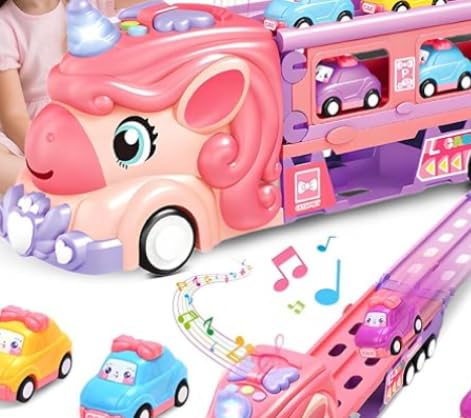 LTFIOON Auto Spielzeug Kinderspielzeug ab 2-6 Jahre, Einhorn Transport Truck Autotransporter mit 6 Spielzeugautos, Licht & Musik, Spielzeug-LKW, ab 2 Jahren (A) von LTFIOON