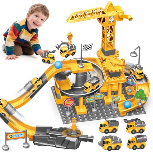 LTFIOON Baustelle Kinder Spielzeug, 55 Teile Baukran Spielzeug Set mit Kran-LKW- und Bagger-Spielzeuge, Konstruktionsspielzeug Set Bauklotz Auto-Spielzeuge 3 4 5 6 7 Jahre alt Jungen Geschenke von LTFIOON