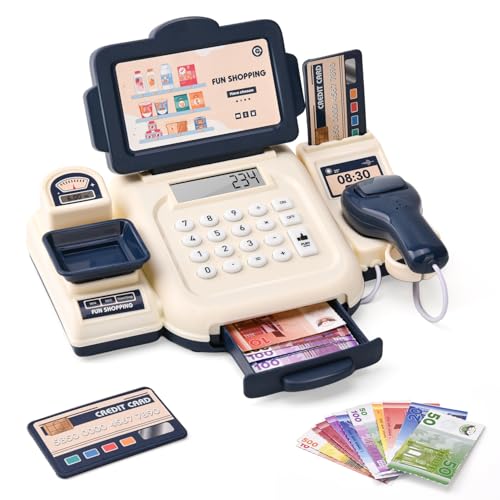 LTFIOON Kasse Kinder, Elektronische Kinderkasse mit Scanner, Spielgeld und Taschenrechner, Supermarktkasse Kinder Rollenspiel Spielzeug für Mädchen Jungen ab 3 Jahre (Blau) von LTFIOON