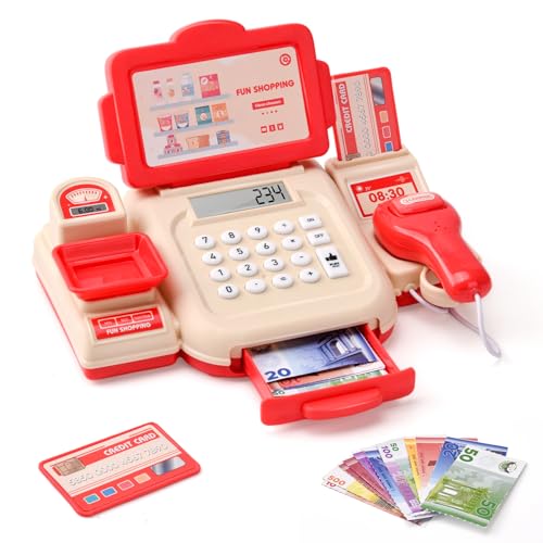LTFIOON Kasse Kinder, Elektronische Kinderkasse mit Scanner, Spielgeld und Taschenrechner, Supermarktkasse Kinder Rollenspiel Spielzeug für Mädchen Jungen ab 3 Jahre (Rot) von LTFIOON