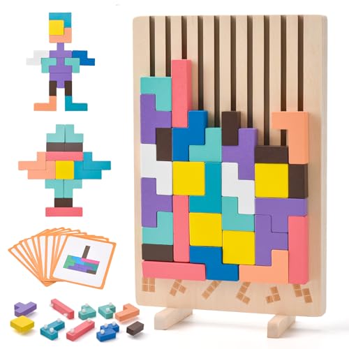 LTFIOON Tetris Holzspiel, Holz Tetris Puzzle Stapelspiel, Montessori Lernspielzeug ab 3 4 5 6 Jahre, Bunte Geometrische Blöcke, Gehirn Spielzeug Intelligenzspiel, Geschenk für Kinder Jungen Mädchen von LTFIOON