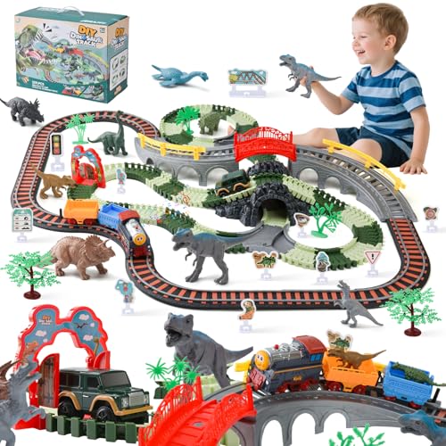 LTFIOON Dinosaurier Spielzeug Rennstrecke, 259 Stück Zug Spielzeug mit 8 Dinosaurier-Figuren, Flexible Zugbahnen, Dinosaurier Elektrische Zug, Weihnachtszug Geschenk für Kinder ab 3 Jahre von LTFIOON