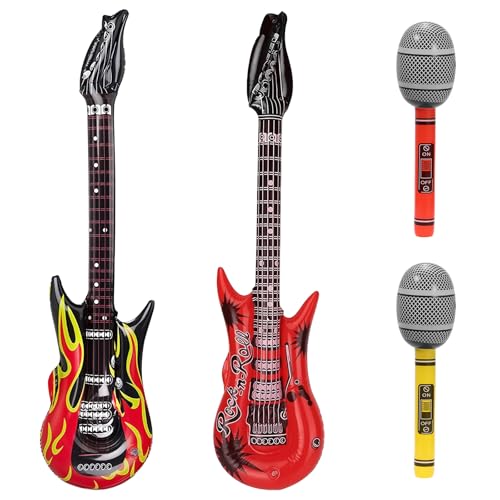 Aufblasbare Gitarre und aufblasbares Mikrofon, Rockstar-Zubehör, Flamme für Erwachsene und Kinder, Konzertbühne, Punk-Rock-Instrument, Party-Requisite, Dekoration, 4 Stück Aufblasbare Gitarre und aufblasbares Mikrofon, Rockstar-Zubehör, Flamme für Erwachsene und Kinder, Konzertbühne, Punk-Rock-Instrument, Party-Requisite, Dekoration, 4 Stück von LTMMC