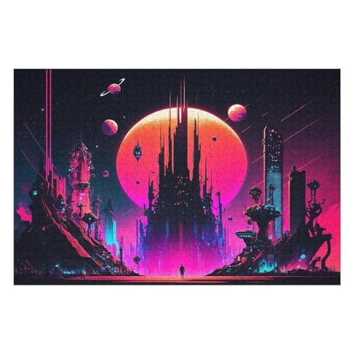 Abstract Fantasy City Holzpuzzle 1000 Teile, Knobelspiele Für Erwachsene, Teenager, Puzzles Unmögliche - Kinder Puzzle Zimmer Deko （75×50cm） von LTTTT
