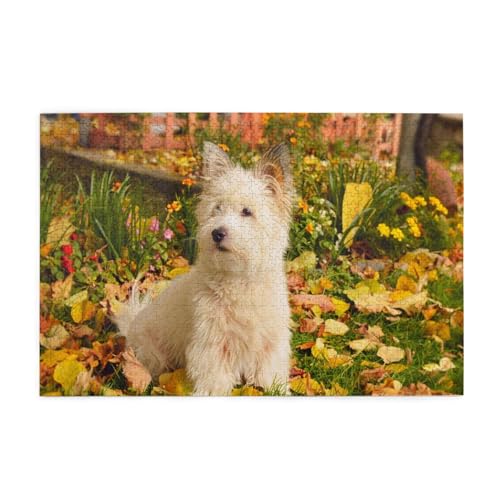 Puzzles, Puzzles für Erwachsene, herausforderndes Puzzle 1000 Teile, Bilderpuzzle aus Holz, Westie Autumn West Highland White Terrier Dogs 38x52CM von LUAJZF