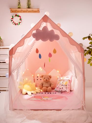 Kinderzelt Indoor mit Sternenlichtern & Matte, Banner, Großes Spielzelt Kinder für Drinnen Spielzelt Bettzelt Zimmer Dekor Innen Außen Lesezelt 130x120x100cm Prinzessin Zelt mit Fenstern Mädchen von LUBAKED