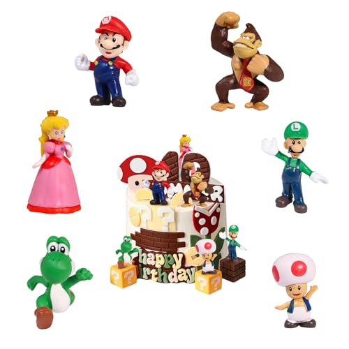 LUBOXIN 6 Stück Super Mario Cake Toppers, Super Mario Figuren Set, Mario Bros Kuchen Deko, Super Mario Tortendeko für Junge und Mädchen, Kinder Geburtstag Party Torte Deko Supplies von LUBOXIN