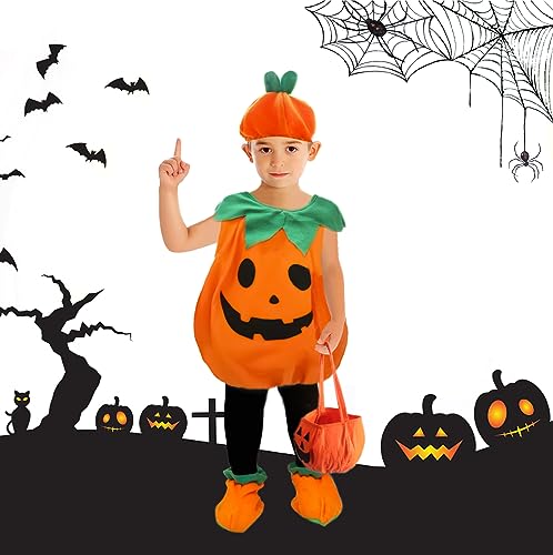 LUBOXIN Halloween Kürbis Kostüm für Kinder, Halloween Verkleiden Kostüme für Jungen Mädchen, Kinder Kürbis Kostüm mit Halloween Süssigkeiten Beutel für Halloween Cosplay Party(100) von LUBOXIN