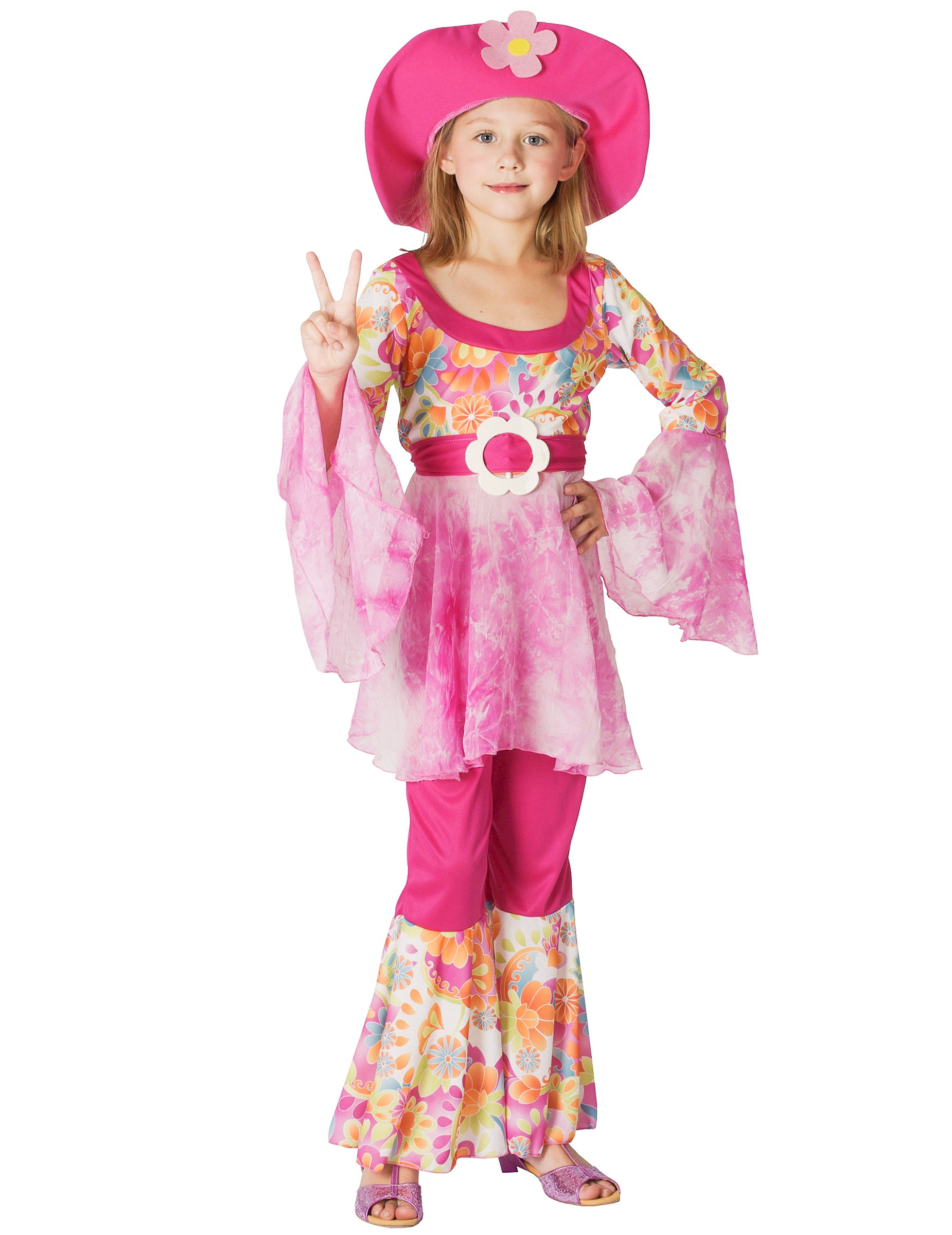 60er Hippie Kinderkostüm Flower Power pink-bunt von PTIT CLOWN